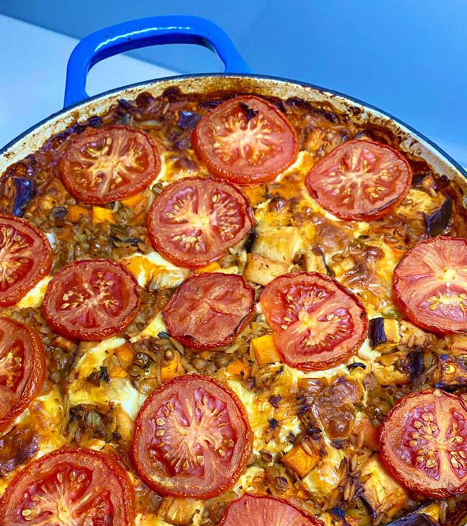 Herby Eggplant and Mozzarella Risoni Bake