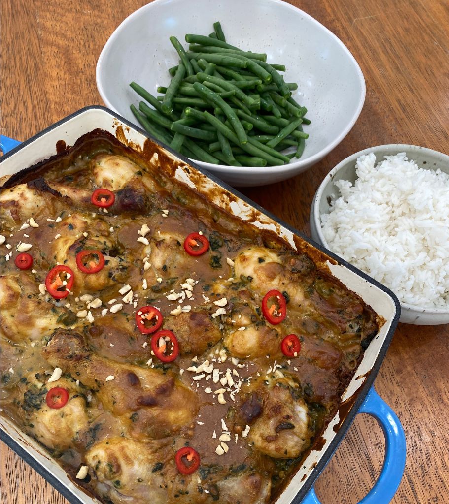 One Tray Bake-Satay Chicken With Steamed Rice and Green Beans