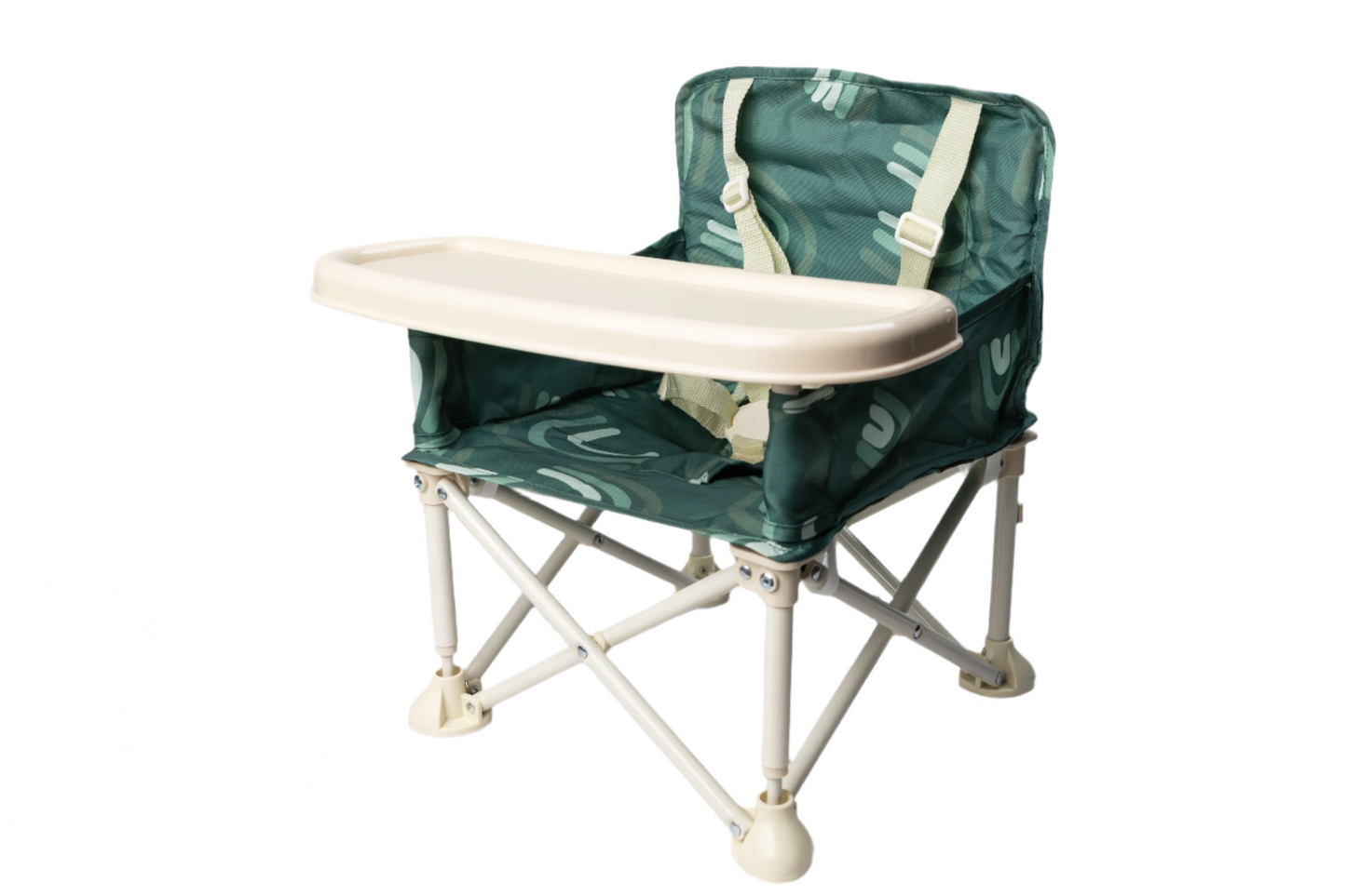 Foldable high chair with green leaf pattern on a marble surface