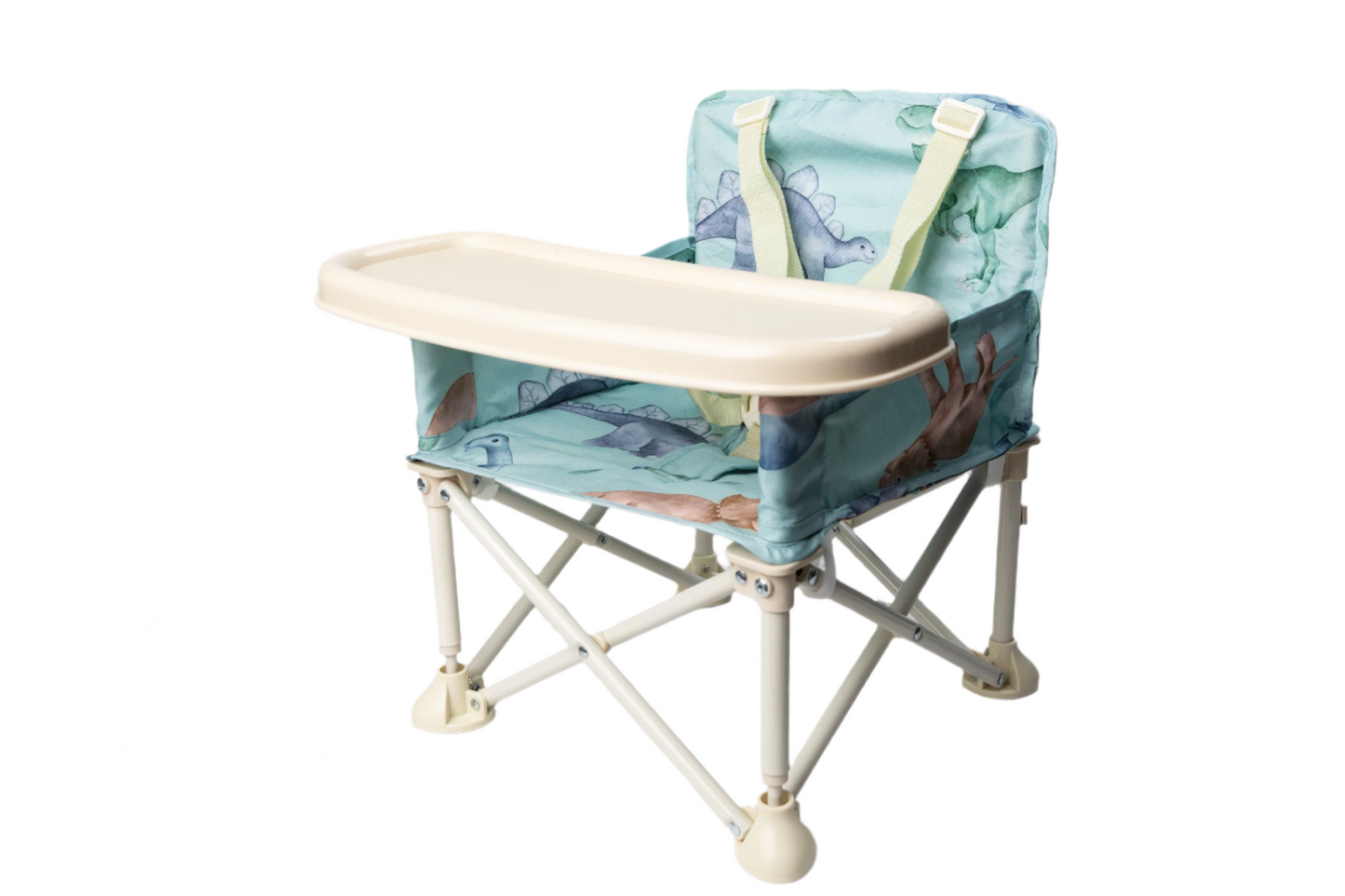 Foldable baby high chair with blue seat cover on a marble surface