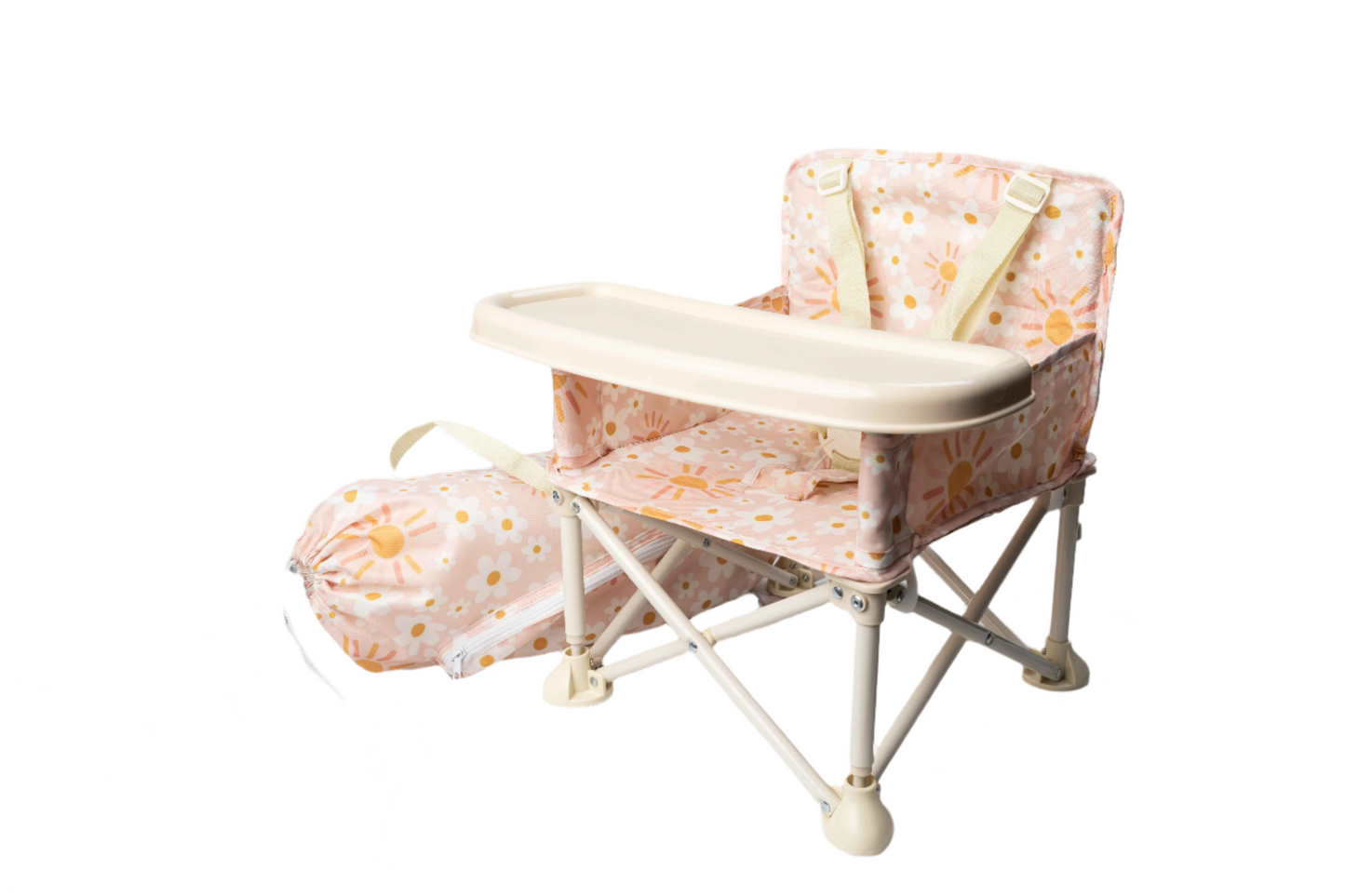 Baby high chair with floral cushion on a marble surface