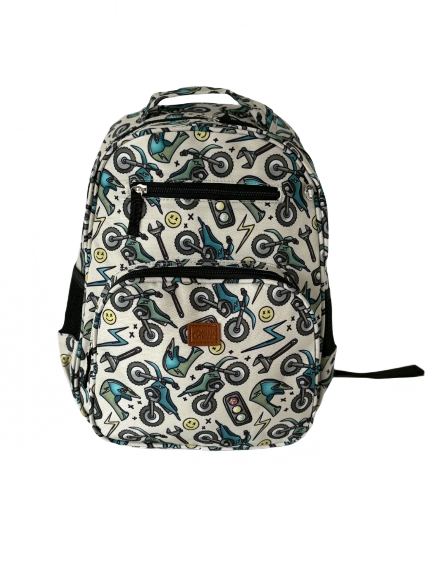 Backpack with motorcycle pattern on a marble surface