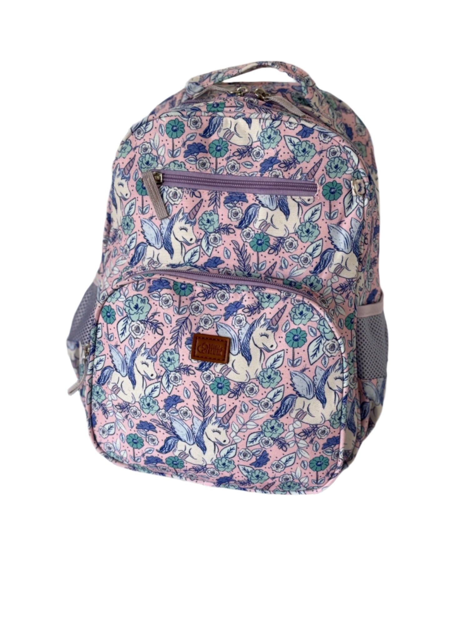 Floral patterned backpack on a kitchen counter