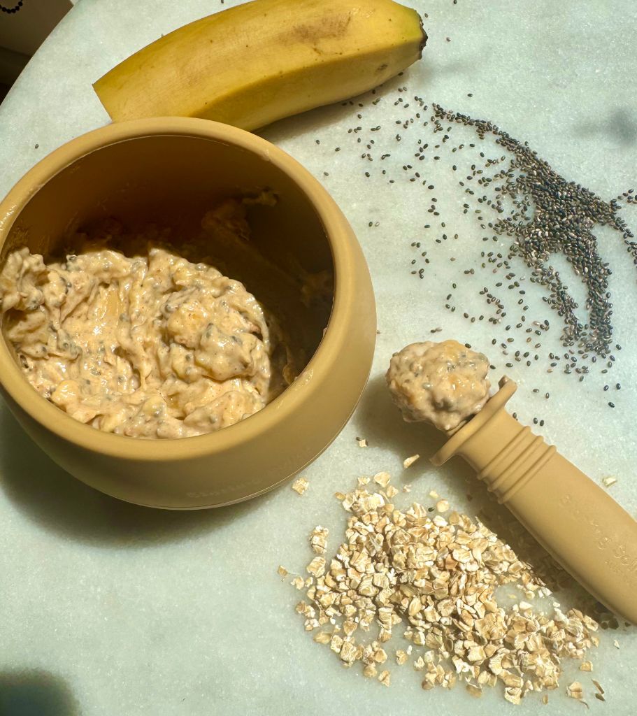 No Cook 5 Minute Baby Meal-Banana, almond and cinnamon smashed oats