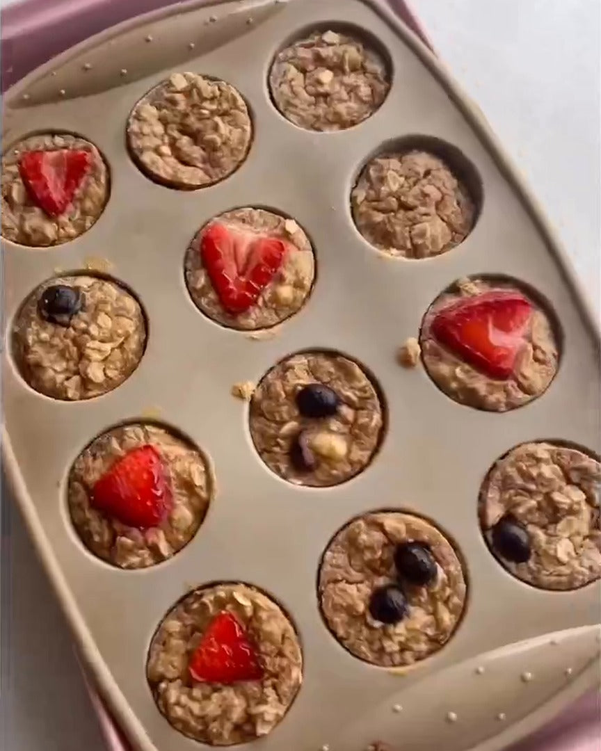Flourless banana oat muffins for babies in a mini muffin tray