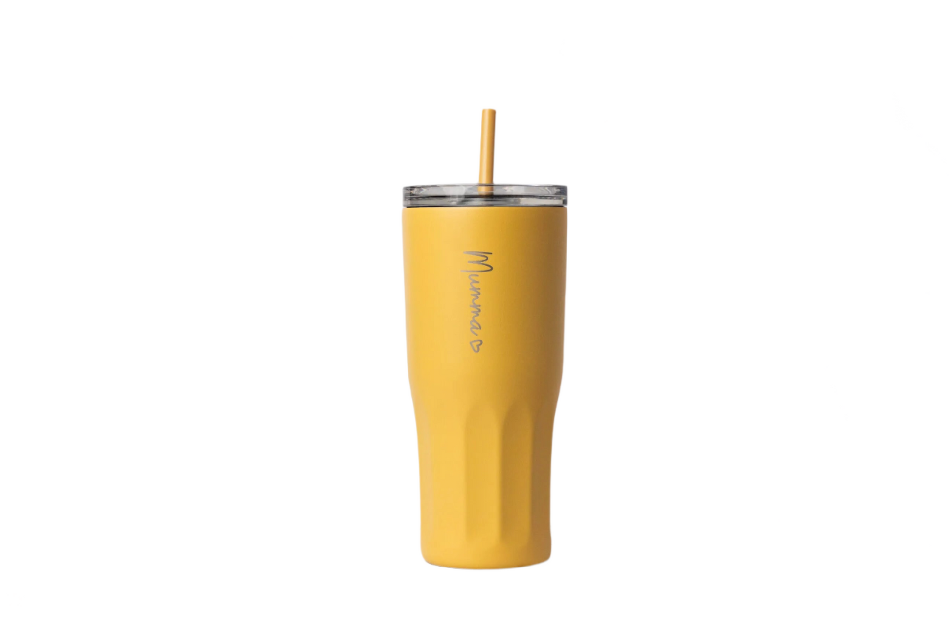 Yellow tumbler with a straw on a marble surface