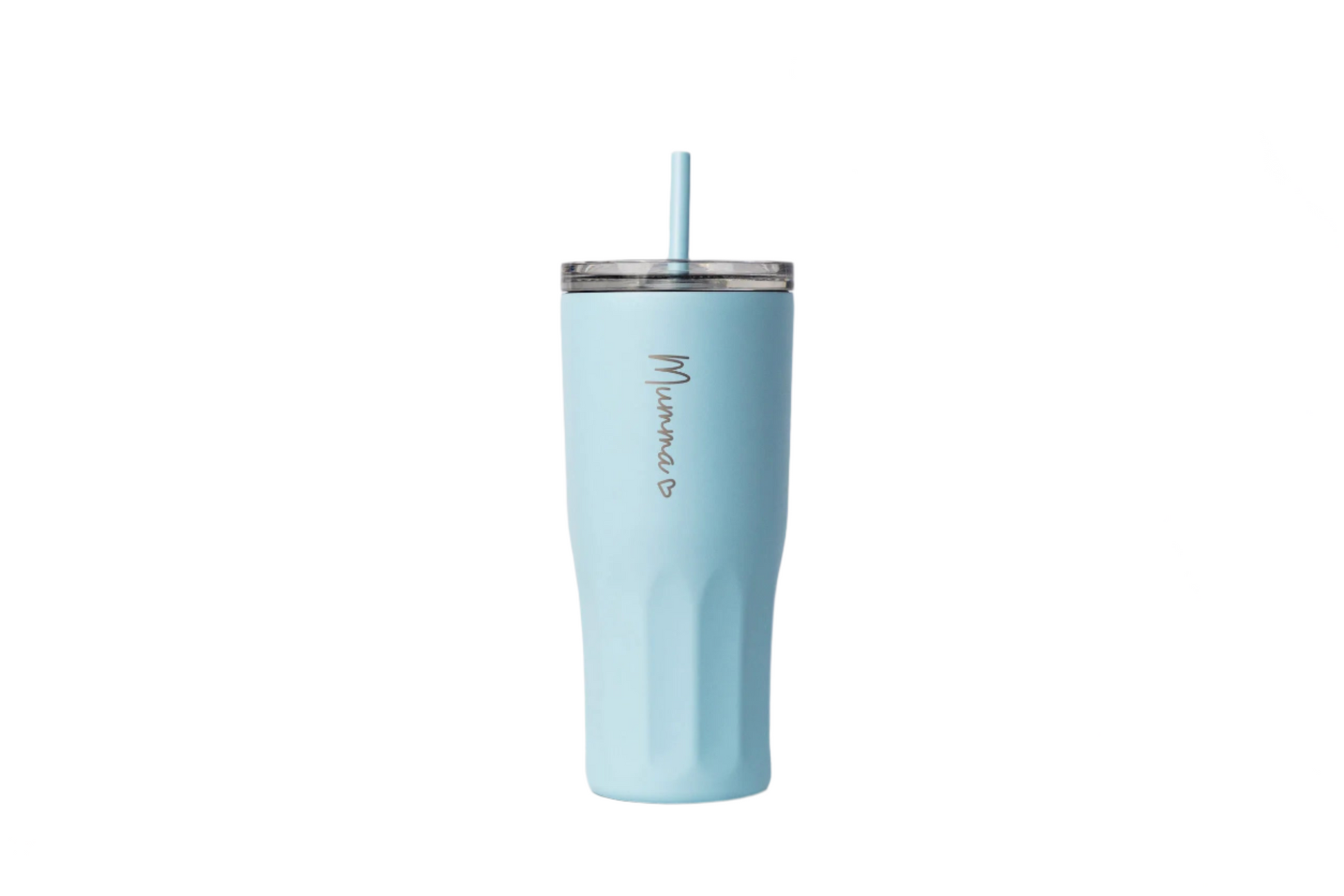 Light blue tumbler with straw on a marble surface