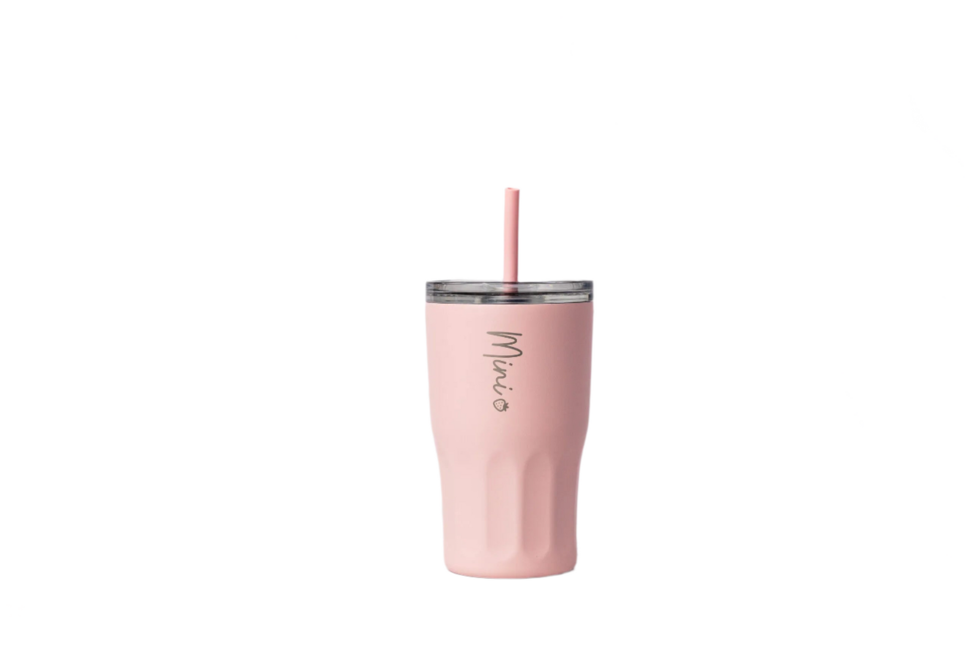 Pink tumbler with straw on a marble surface
