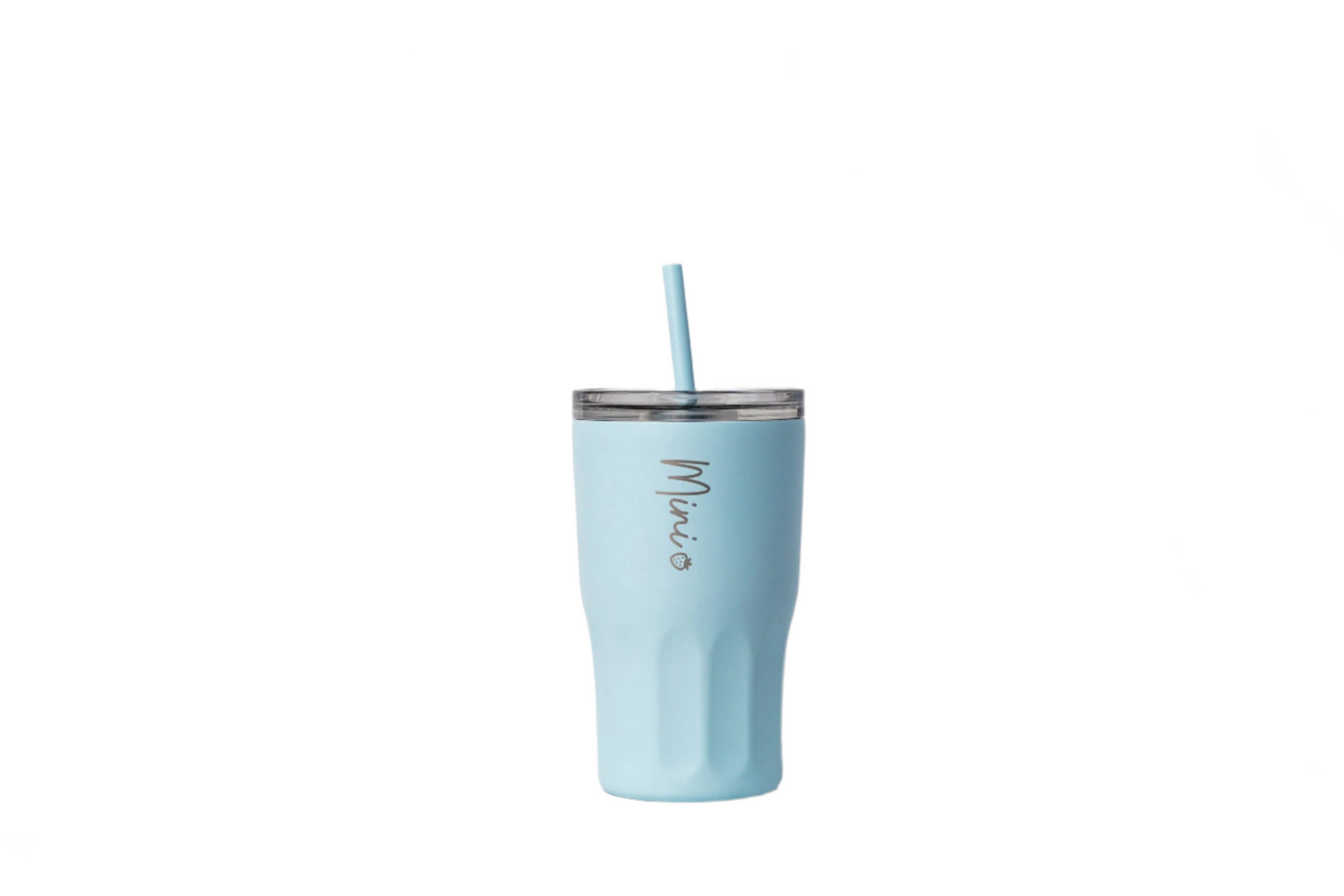Light blue tumbler with straw on a marble surface and background