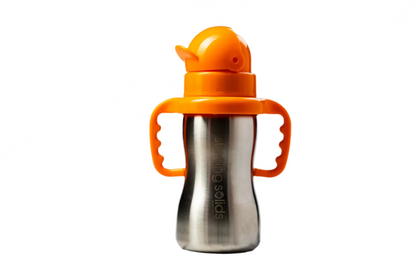 Silver sippy cup with orange handle and lid on a marble background