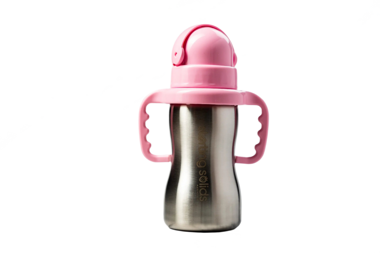 Stainless steel sippy cup with pink lid and handle on a marble background