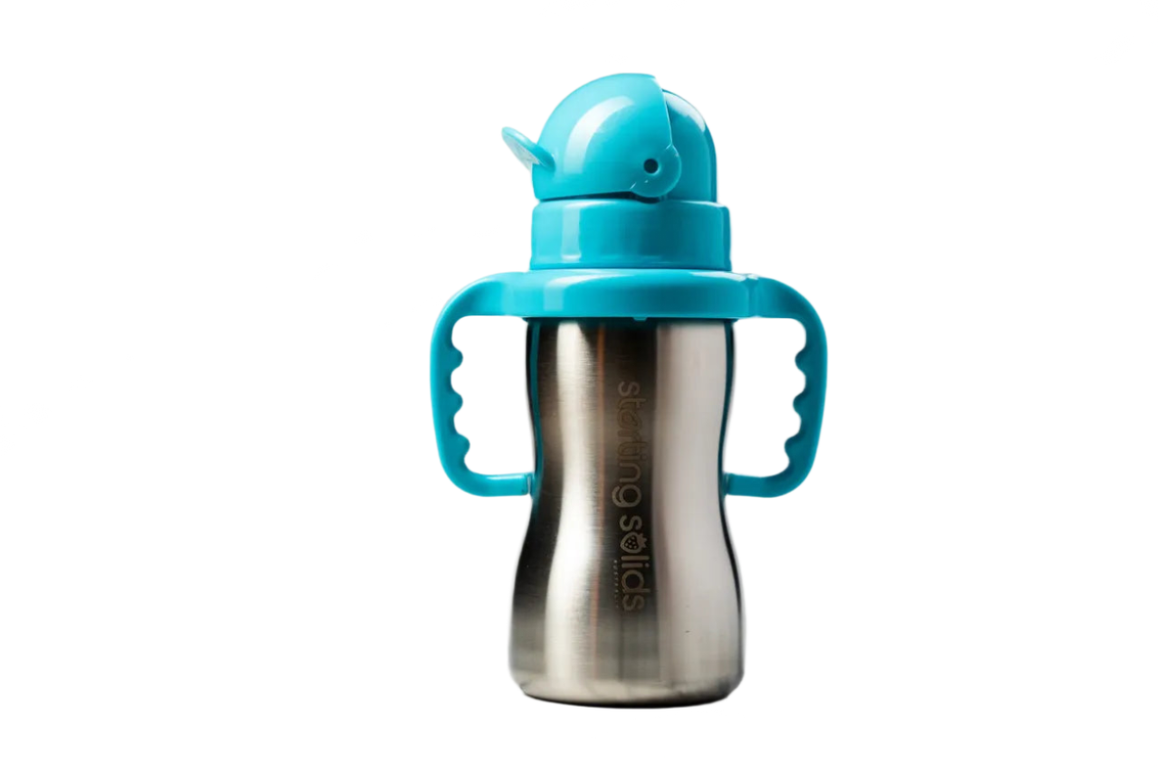 Stainless steel sippy cup with blue handle and lid on a marble background