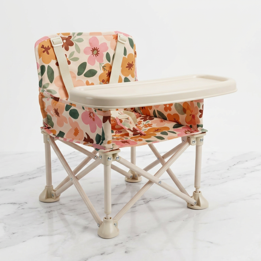 A portable folding baby seat with a floral fabric cushion and a light beige tray table, shown on a white marble surface against a white background.