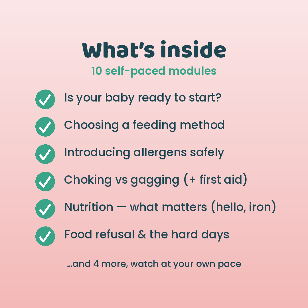 What's inside the crash course: 10 self-paced modules including readiness, allergens, choking vs gagging, nutrition