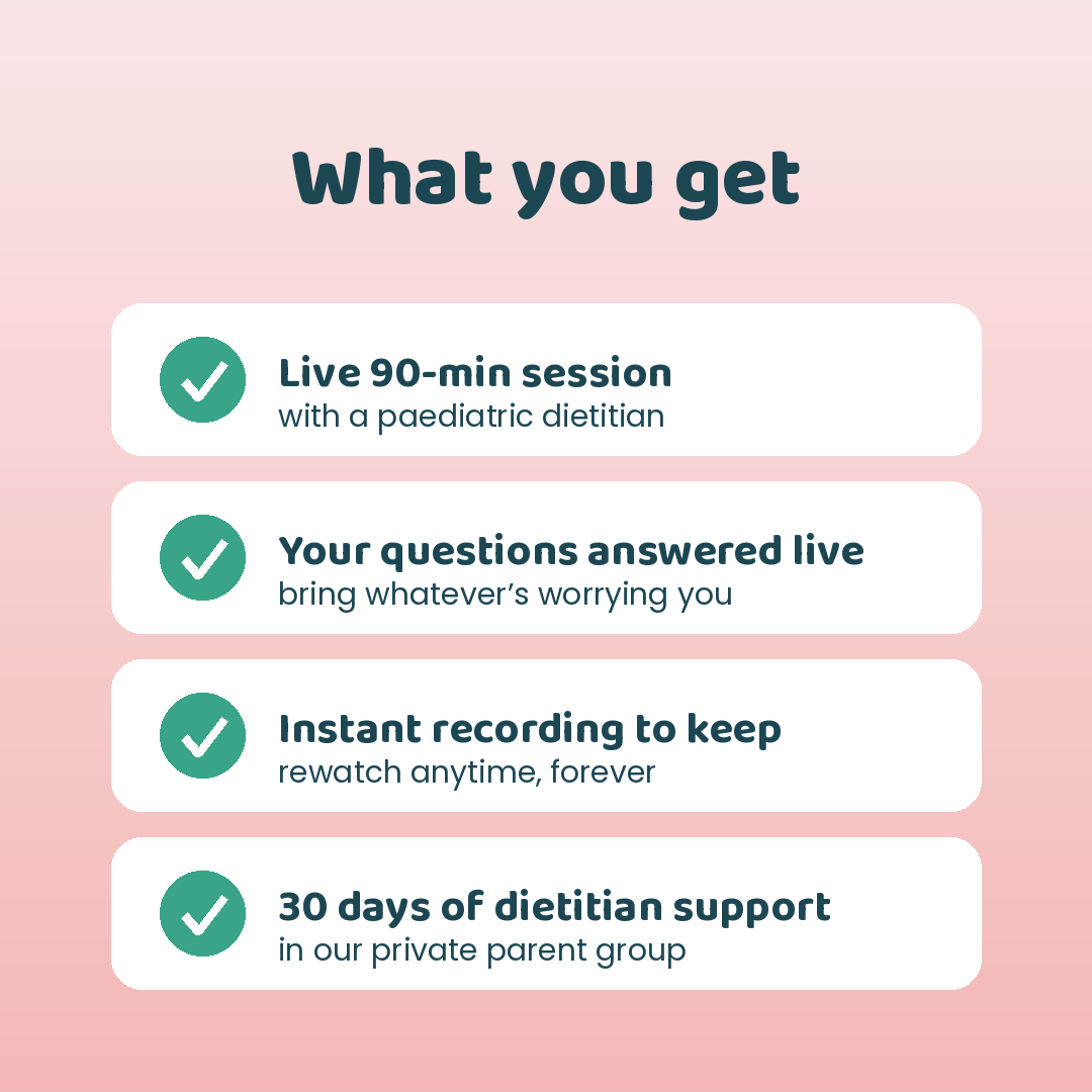 What you get: live 90-minute dietitian session, questions answered live, instant recording, 30 days of support
