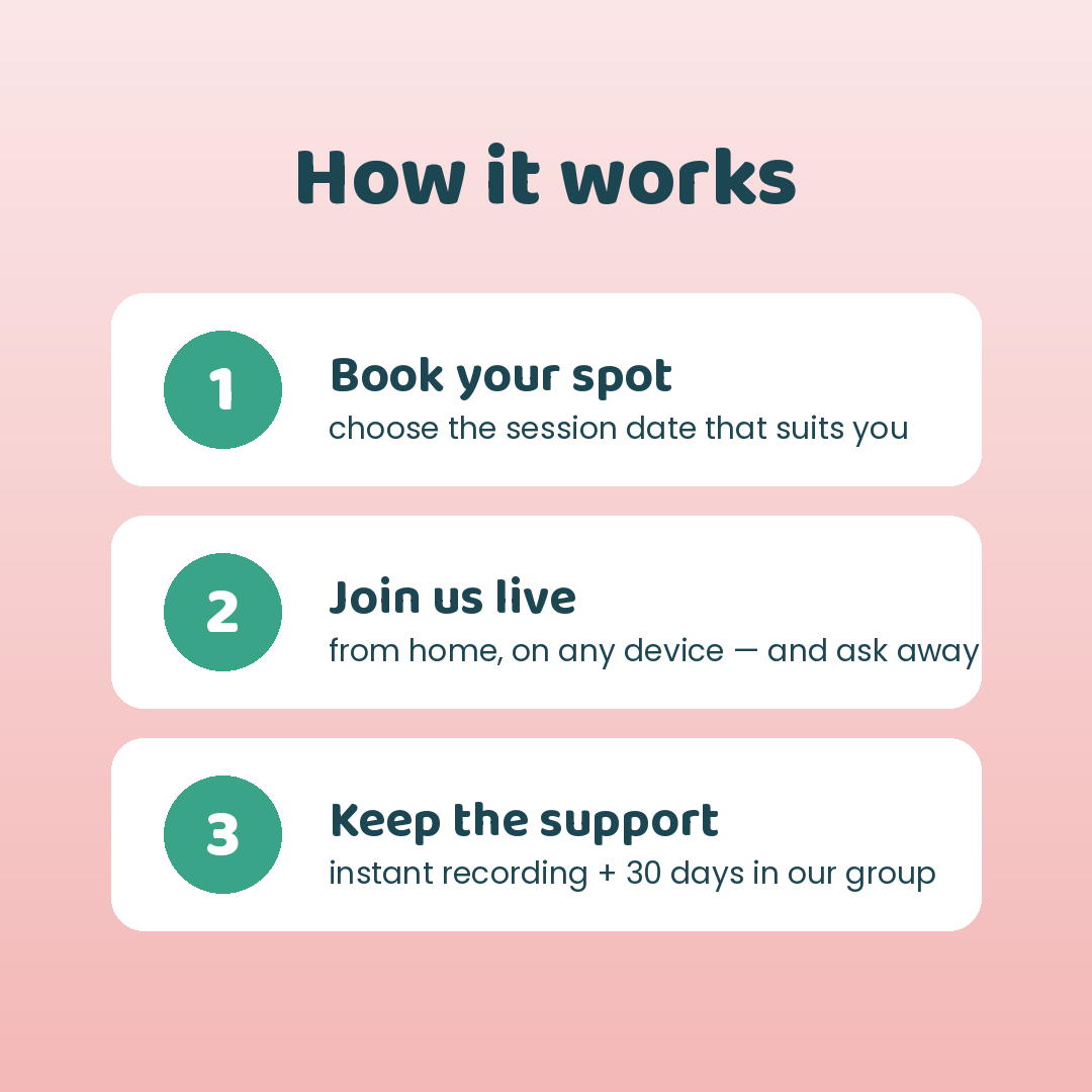 How it works: book your spot, join us live, keep the recording and support