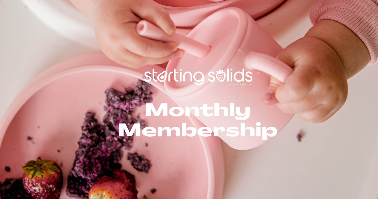 Starting Solids Monthly Membership image banner with logo and text overlaid on babys hands and pink silicone cup and plate.