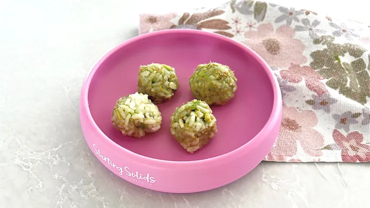 Three ingredrients rice balls in pink silicone Suckie Scoop Plate - Starting Solids Australia Recipe.