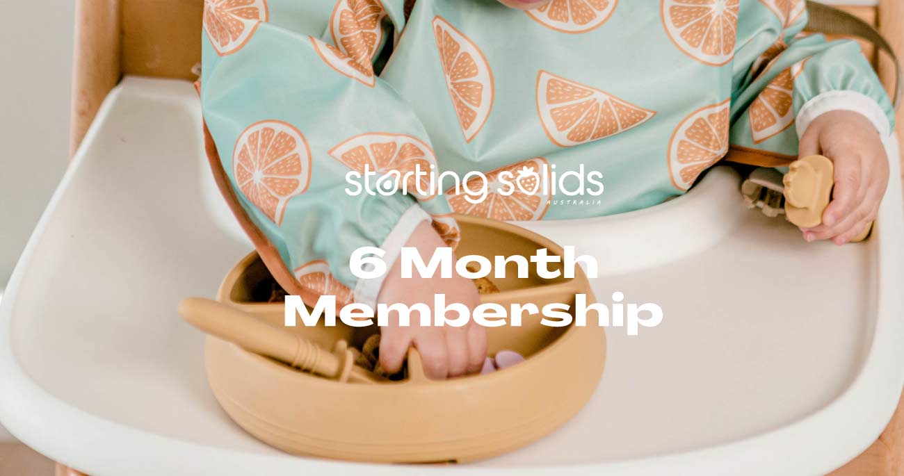 Starting Solids 6 Month Membership image banner with logo and text overlaid on baby in highchair with Smockie bib on and silicone plate and cutlery.