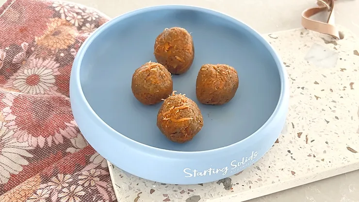 Carrot Cake Weet-Bix Balls in blue Suckie Scoop Plate - Starting Solids Australia recipe.