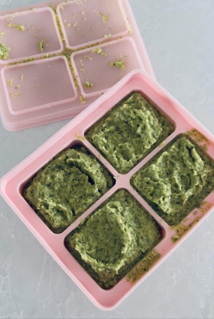 Broccoli and Chick Pea puree in silicone storage tray by Starting Solids Australia