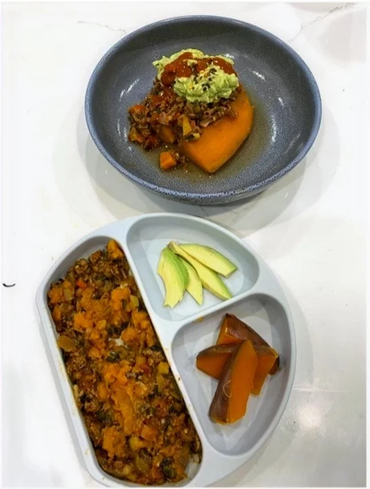 One pot chili con carne served with baked sweet potatoes and avocado meals in ceramic and silicone suction plate - Starting Solids Australia recipe.
