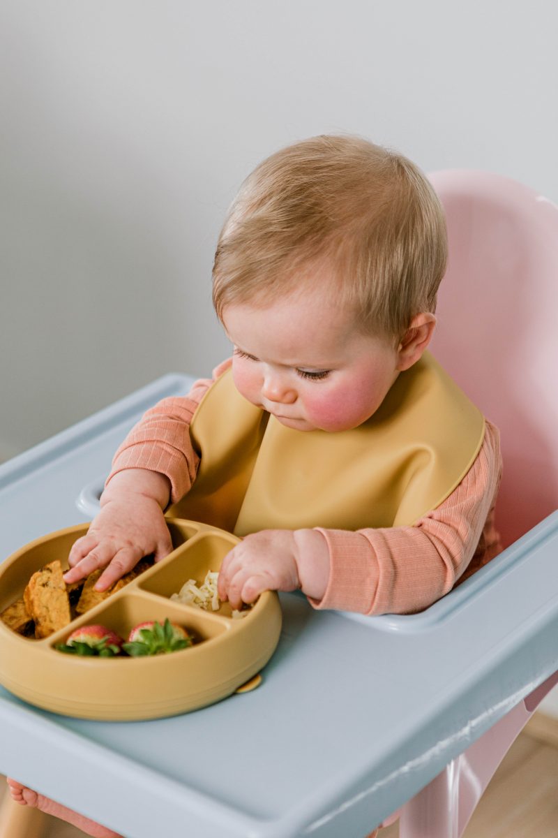 Baby eating solid food from Starting Solids Australia's silicone suction plate and catch-all bib.
