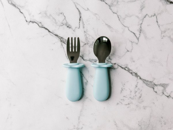 Toddler Silvies (toddler cutlery) in 'Blue Lemonade' by Starting Solids Australia on a marble bench