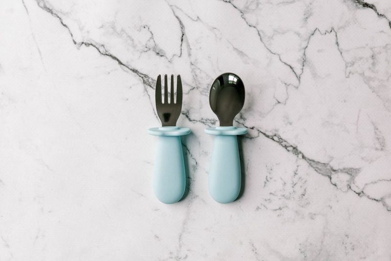Toddler Silvies (toddler cutlery) in 'Blue Lemonade' by Starting Solids Australia on a marble bench