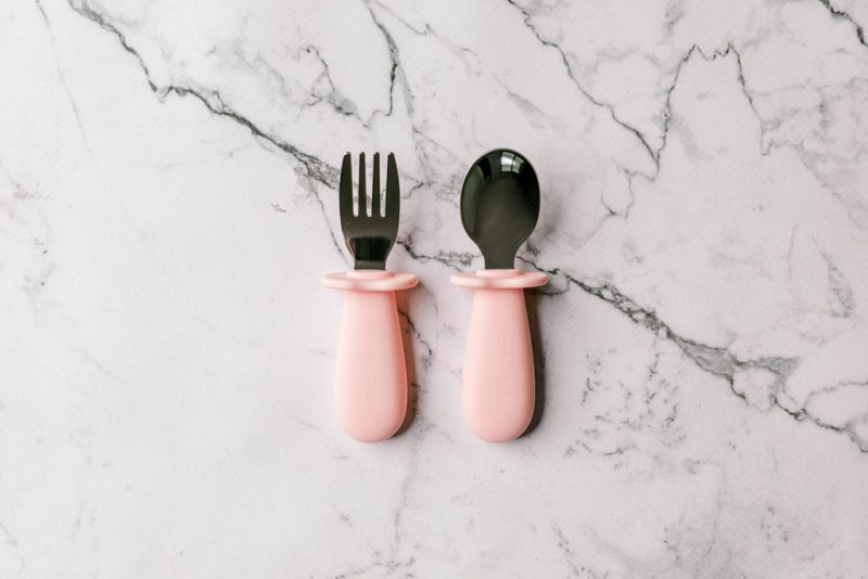 Toddler Silvies (toddler cutlery) in 'Fairy Floss' pink by Starting Solids Australia on a marble bench