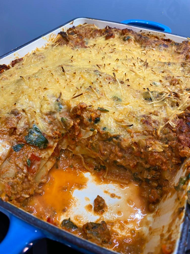 Iron Rich Veggie and Lentil Lasagne in a baking tray by Starting Solids Australia