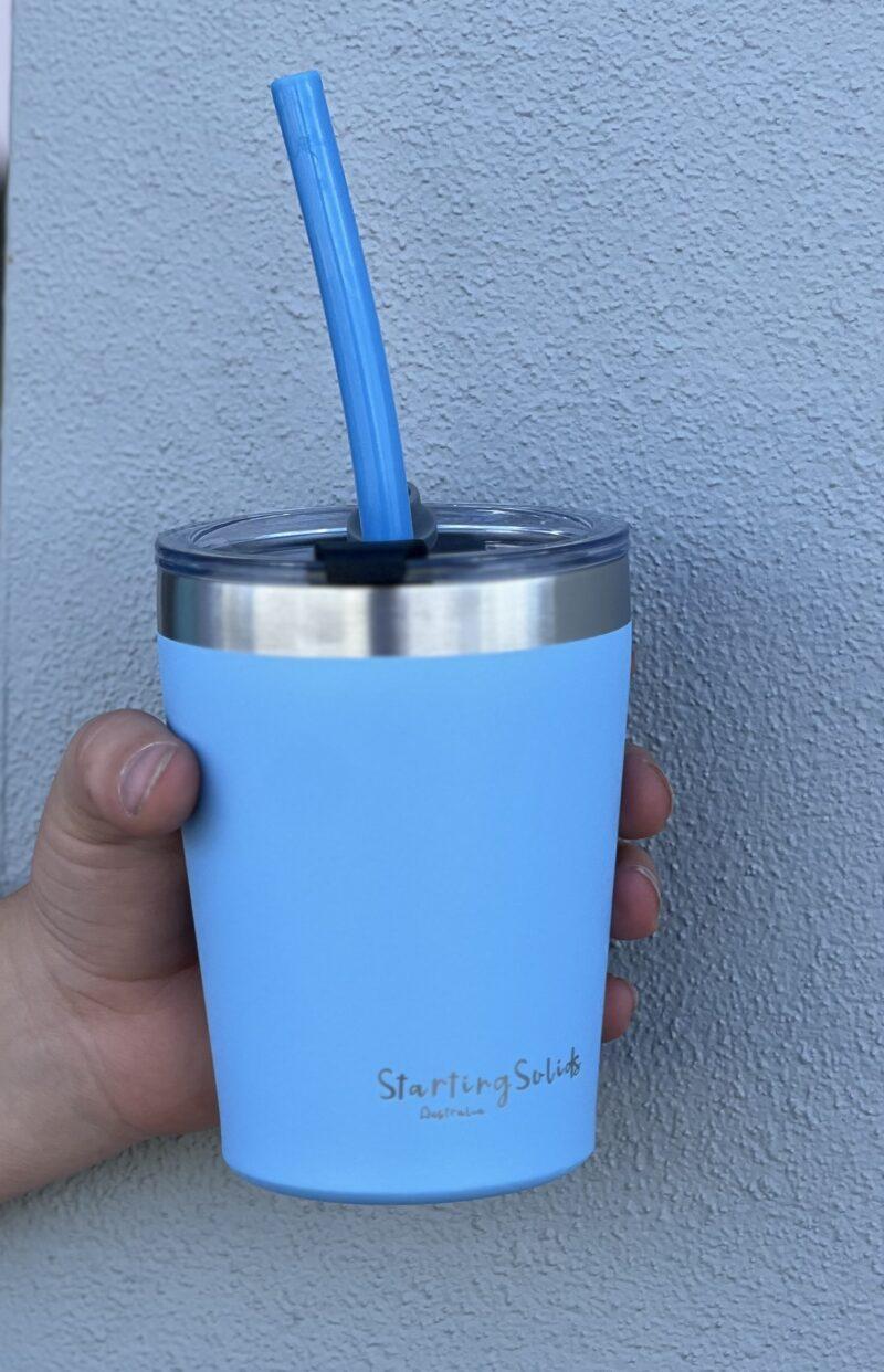 Blue stainless steel insulated 'Big Kiddie Cup' with straw by Starting Solids Australia.