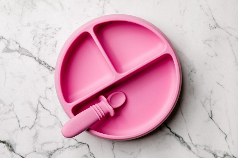 Suckie Scoop Divided Plate ™ and Selfie Spoon in Limited Edition pink 'Taffy' colour by Starting Solids Australia