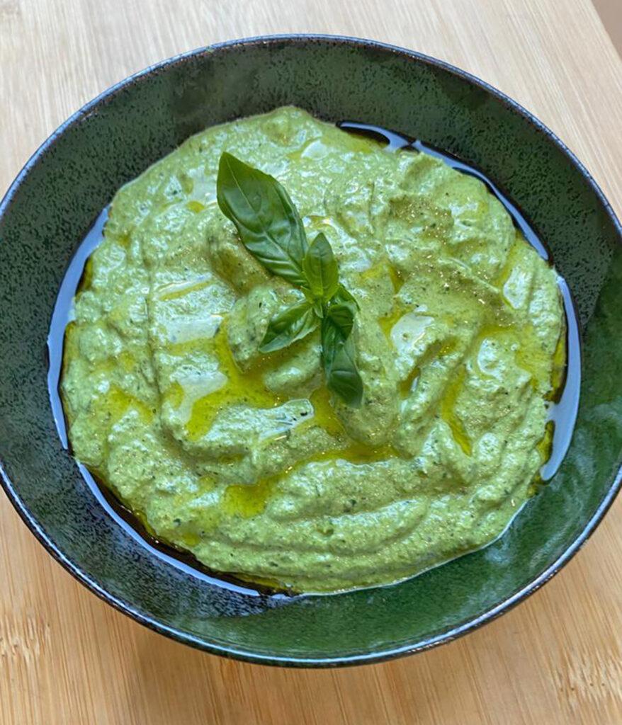 Hemp Seed Pesto by Starting Solids Australia in a bowl with a basil garnish.
