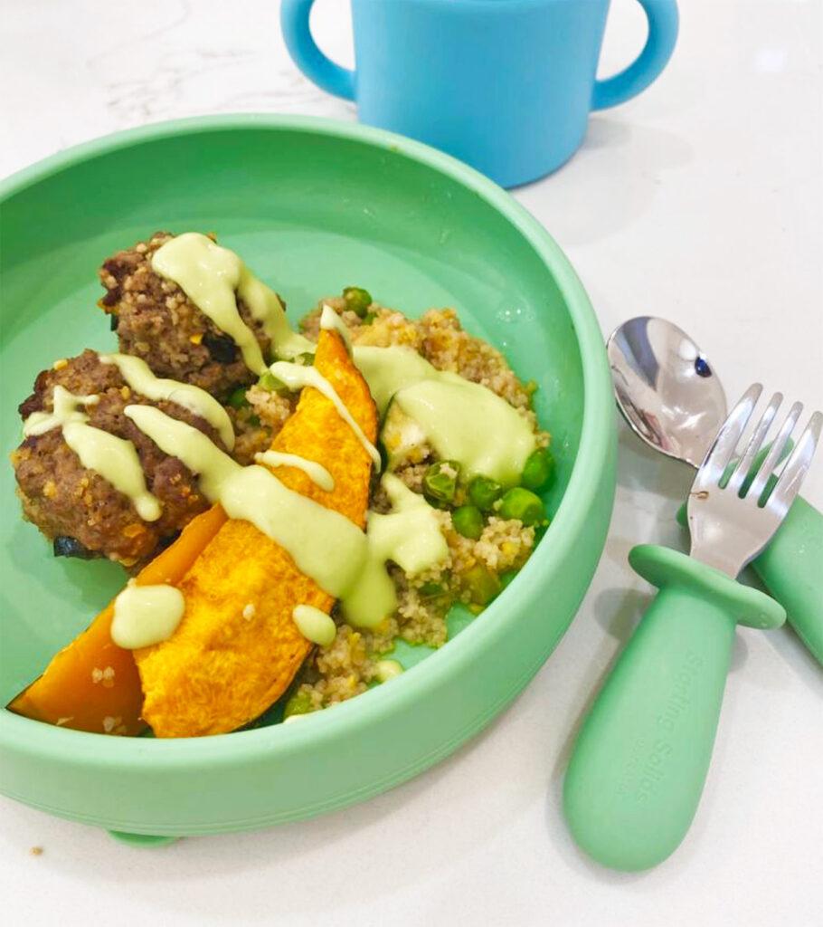 One Tray Bake-Beef and Prune Koftas with Roast Pumpkin and Cous Cous by Starting Solids Australia